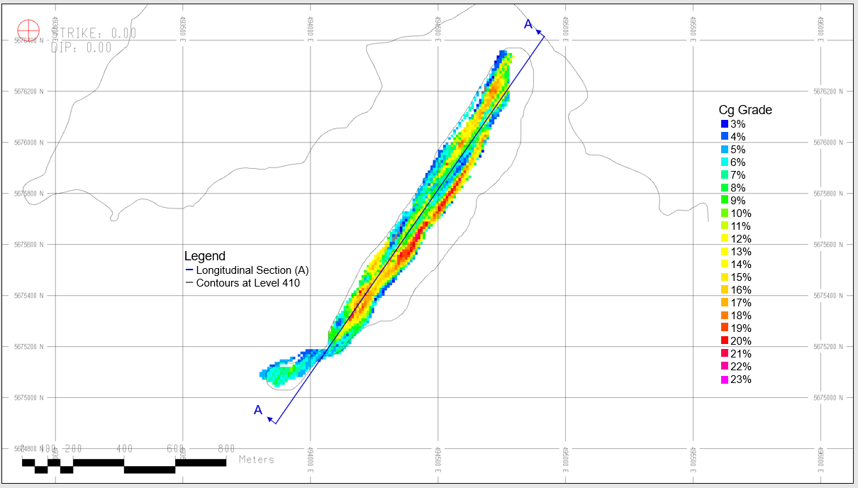 Figure 8. Plan View of the conceptual 2D pit shell (410 m-level slice) with mineral resource blocks at a cut-off of 3.9% Cg, MOGC graphite deposit (source: DRA, Feb. 16, 2022)